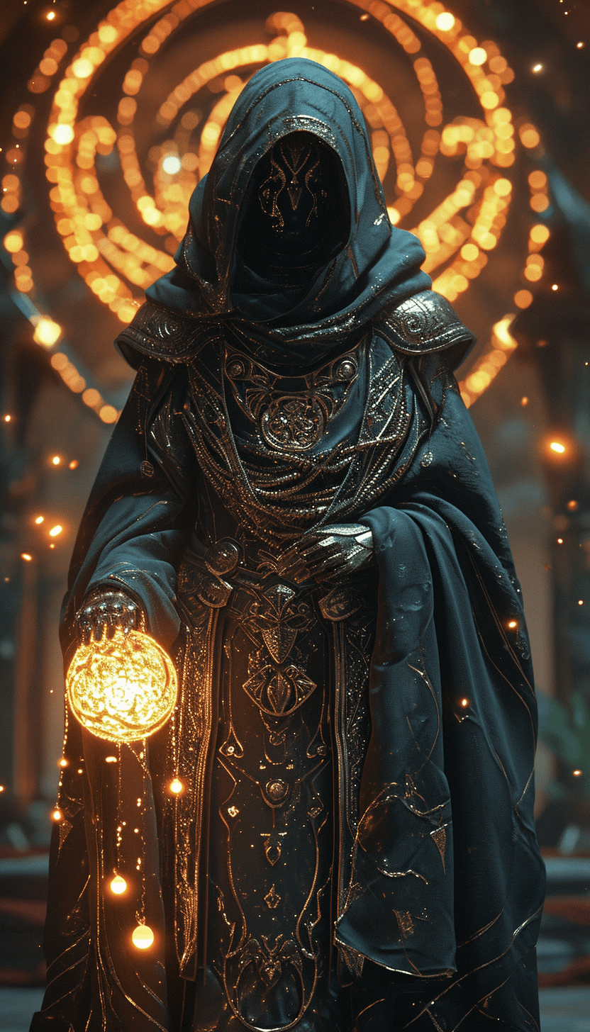 AI generated: a dark old magic person and some lights and music, in the style of vray, intricately sculpted, light...