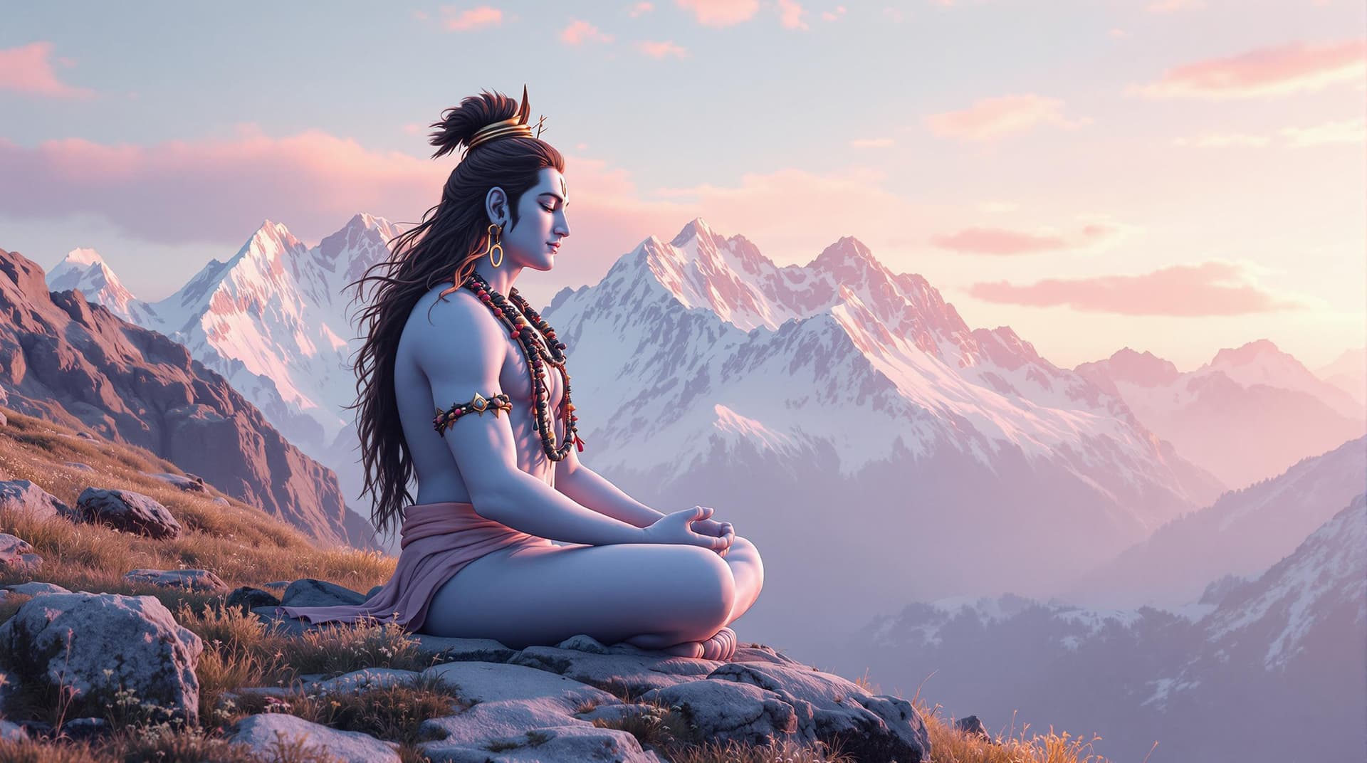 AI generated: "Generate a photorealistic image of Lord Shiva meditating on a hillside at sunset. Render the sky in...