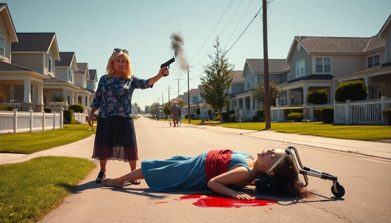 AI generated: Ultra-realistic 8K HDR cinematic shot: In the middle of a perfect sunny suburban street, a furious b...
