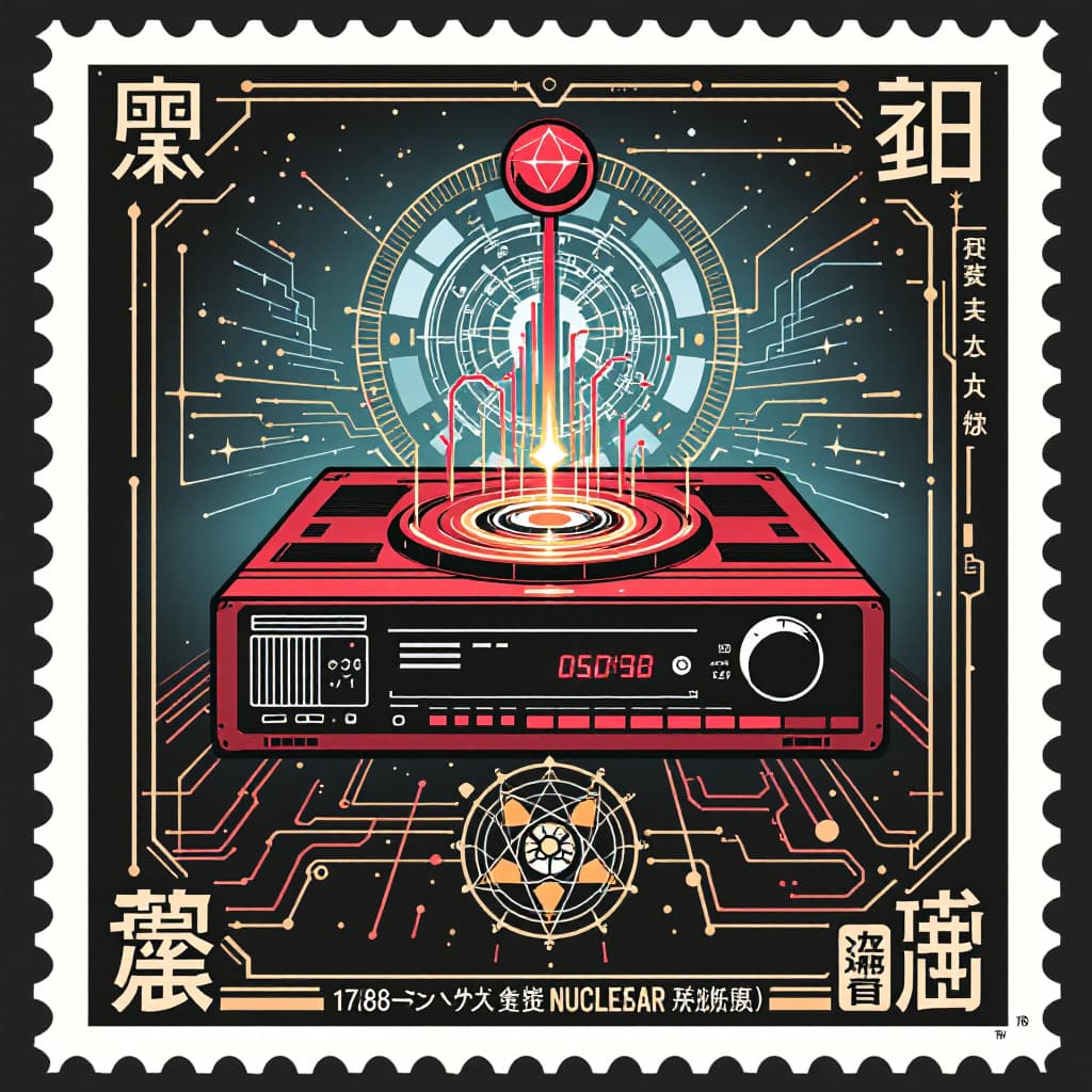 AI generated: stamp style, retro VCR player for mystical future laser solid state hard drive hardware, quantum com...