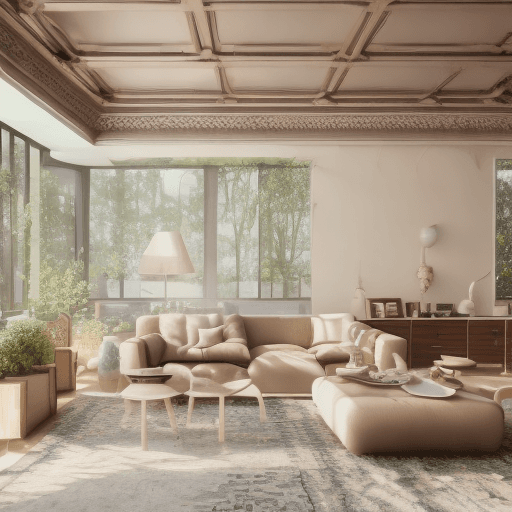 AI generated: High resolution photography interior design, dreamy sunken living room conversation pit, wooden floo...