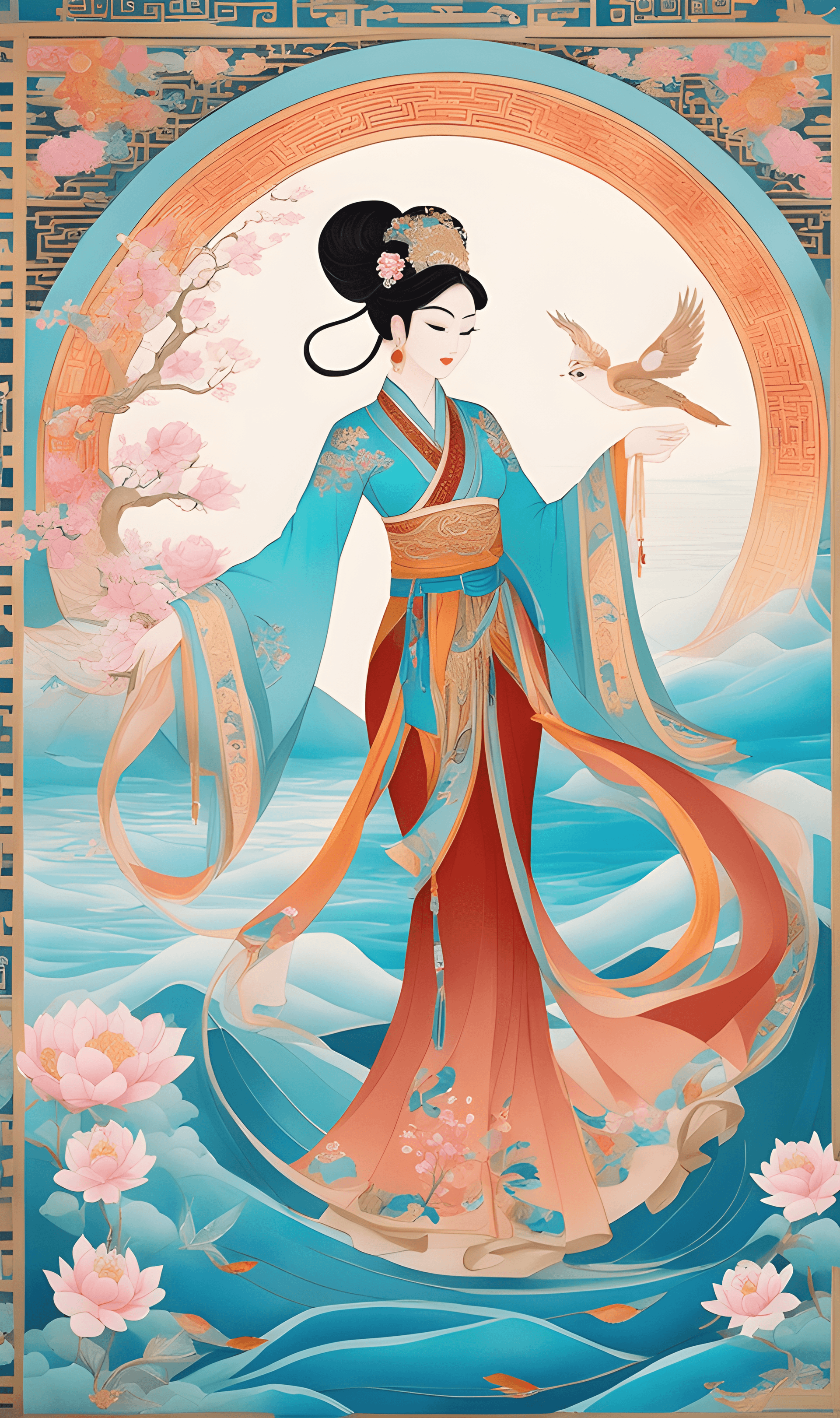 AI generated: Inspired by Dunhuang Flying Apsaras mural, an ancient Chinese beauty stands and dances on the water,...