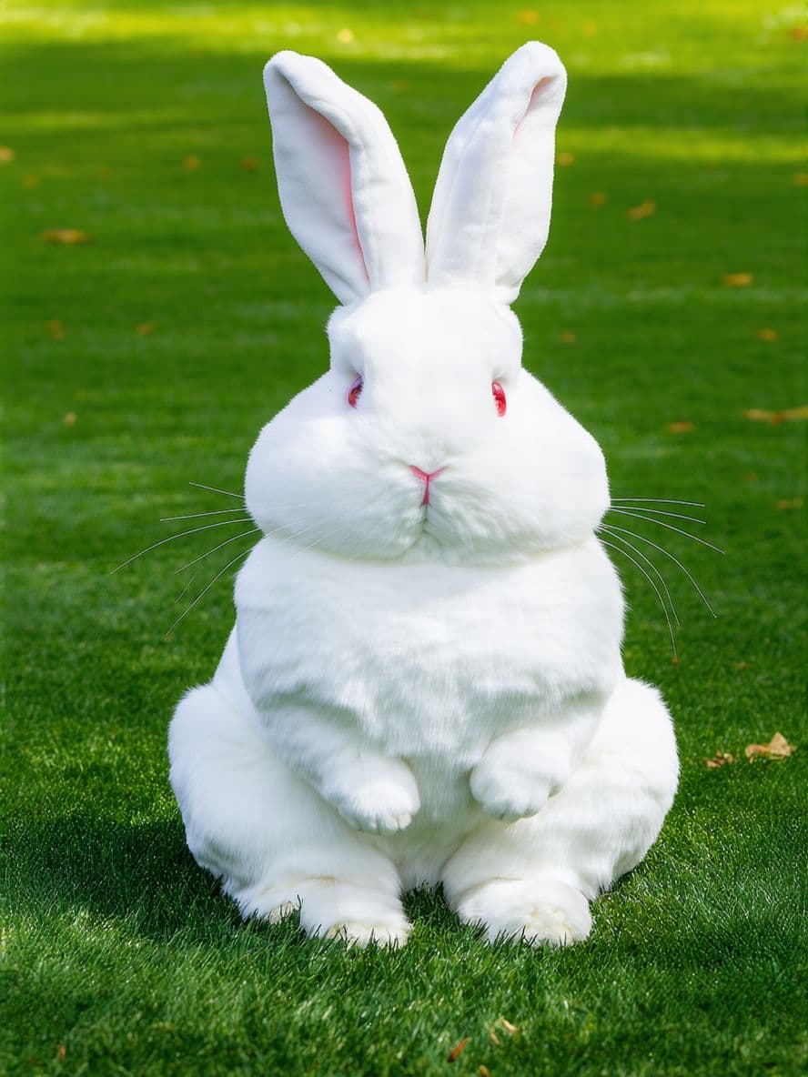 AI generated: a big fluffy white rabbit it does not have face, eyes, mouth and nose. sitting up right in the grass...