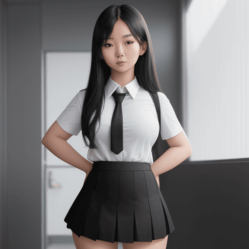 AI generated: A young Asian woman stands confidently in her black school uniform, her short skirt and small shirt ...