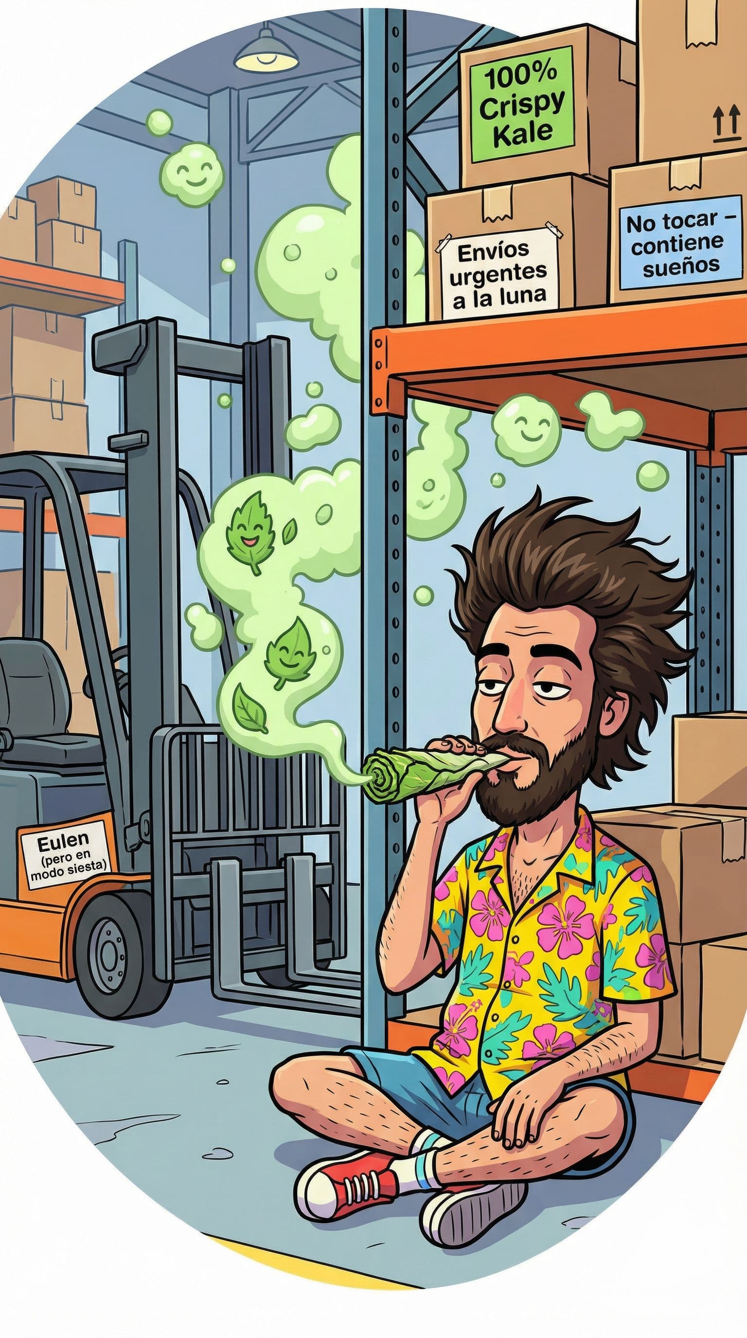 AI generated: Diseño de pegatina en estilo cartoon, humorístico y absurdo, para un chaleco reflectante. Muestra a ...