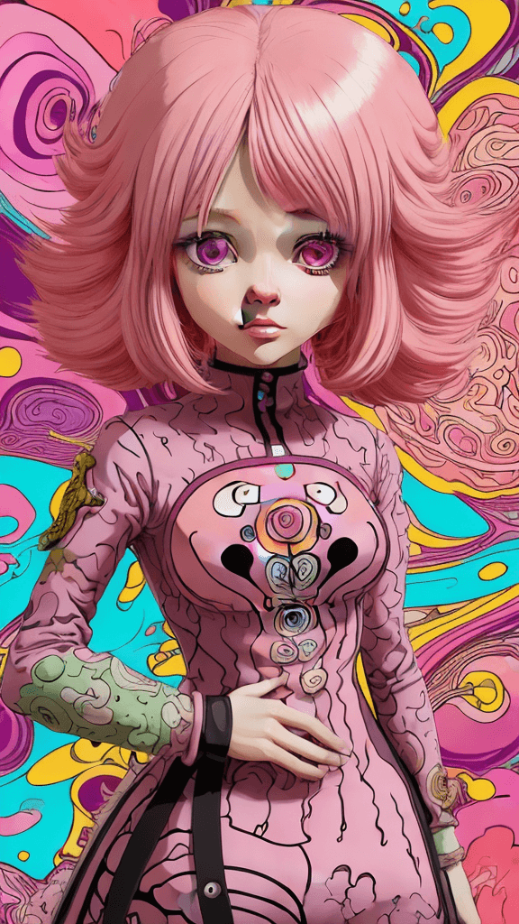 AI generated: in a funky background portrait of little mushroom woman, pink hair, Prominent eyes, funky background...