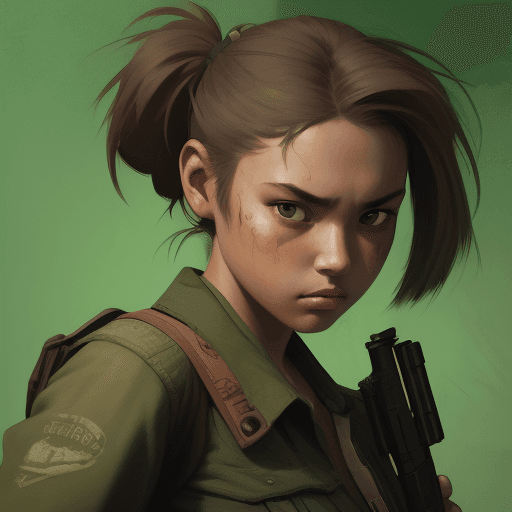 AI generated: a girl holding a gun in her hand, light brown and green, strong facial expression, ps1 graphics, his...