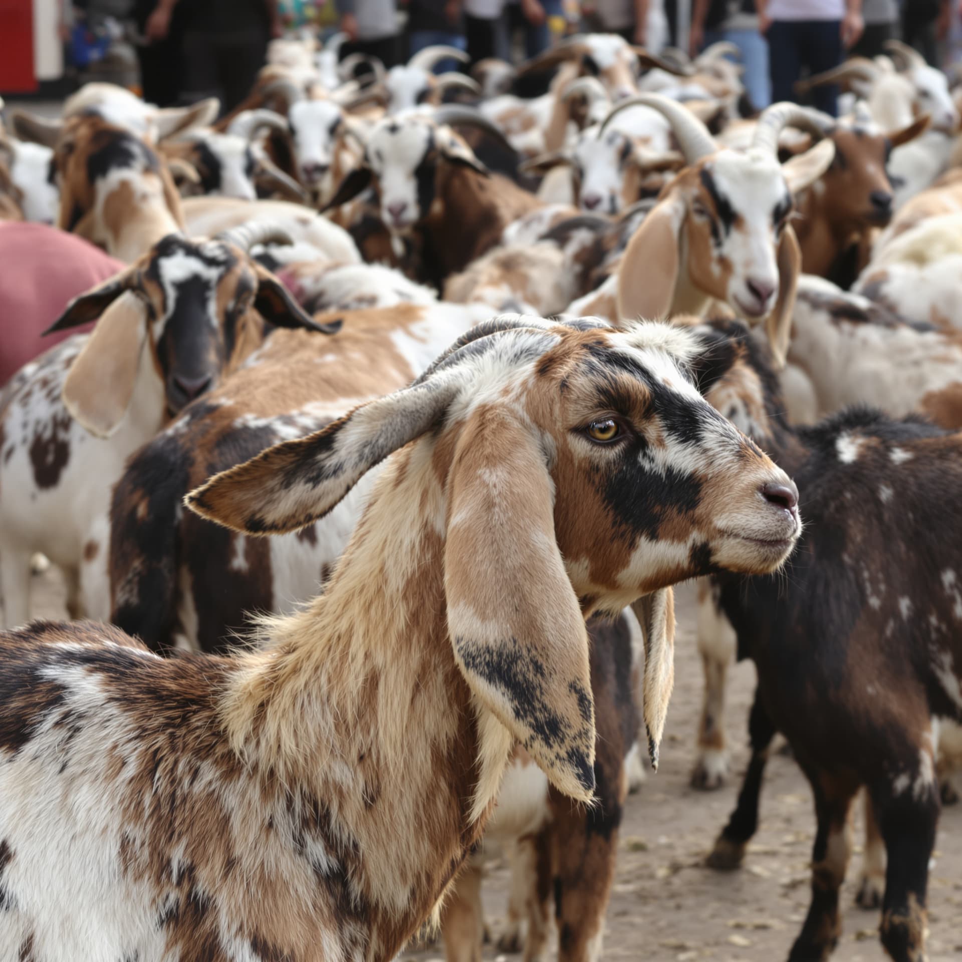 AI generated: create a high-resolution image of AN URBAN group of goats and detail the animal's characteristics 