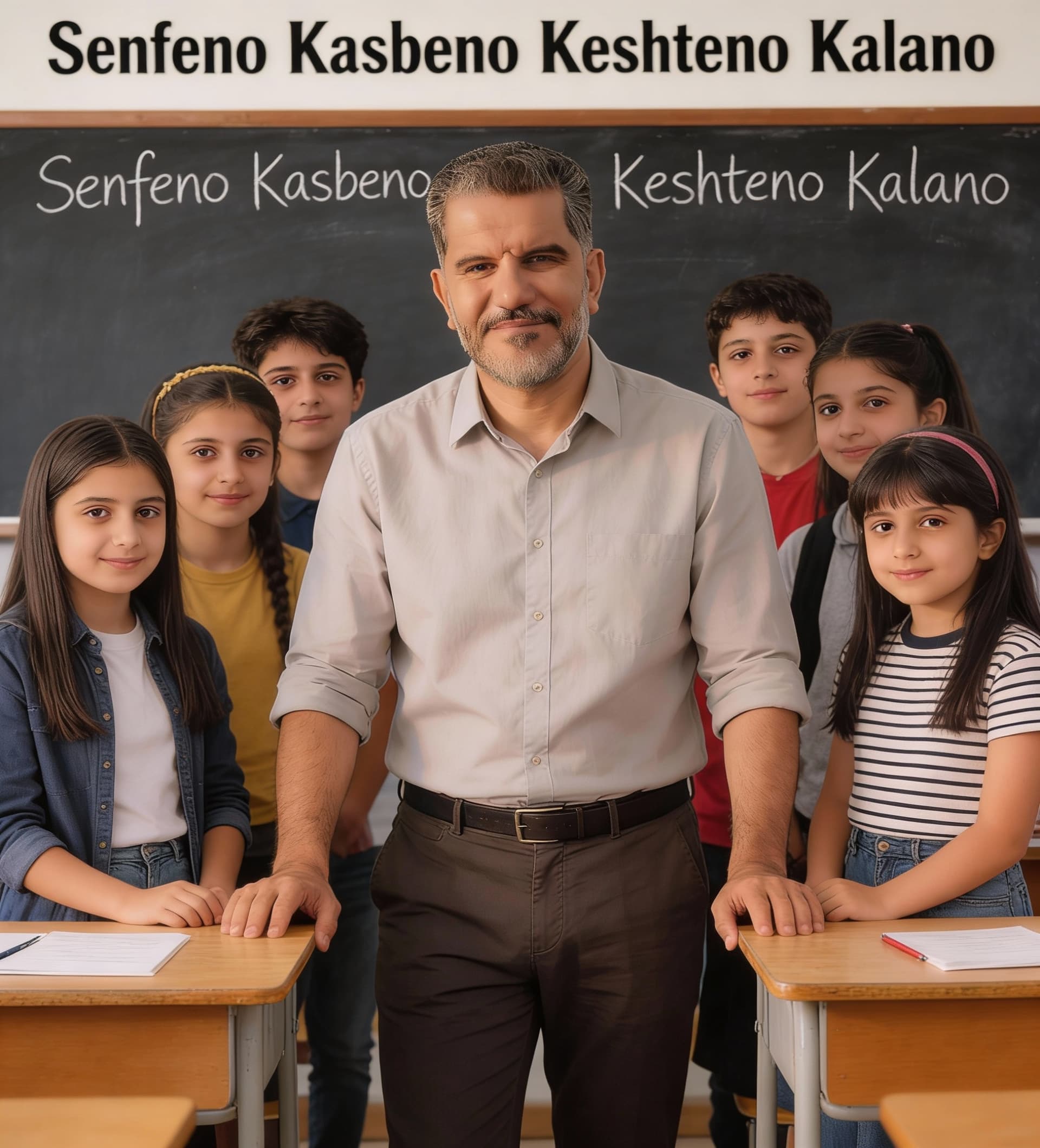 AI generated: .
رو تخته سیاه نوشنه شده باشه 
Senfeno
Kasbeno
Keshteno
Kalanoهمینو ببر  تو دانشگاه