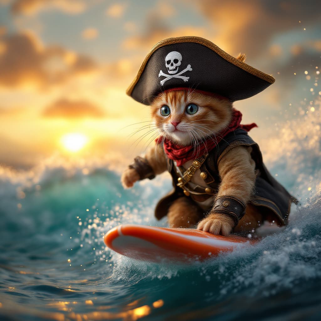 AI generated: photorealistic 32k, baby cat wearing a complete pirate captain outfit, surfing a wave, cinematic lig...