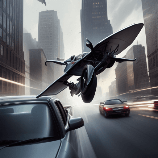 AI generated: a car flying in the most building intense metropolis
