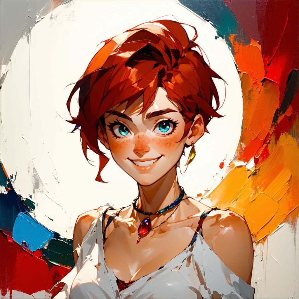 AI generated: 1girl, solo, mature, intense crimson hair, short hair, tied up hair, bangs, hair clip, hair ornament...