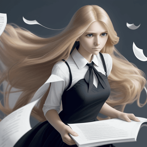 AI generated: an English teacher girl in a black dress with long blond flowing hair stands with his arms crossed, ...