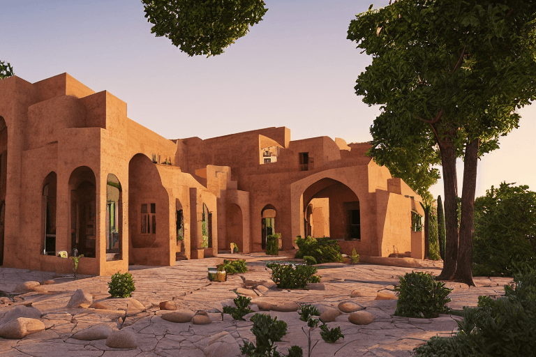 AI generated: Persian cubic architecture style villa, ochre brick, sunrise, stained glass window, desert environme...