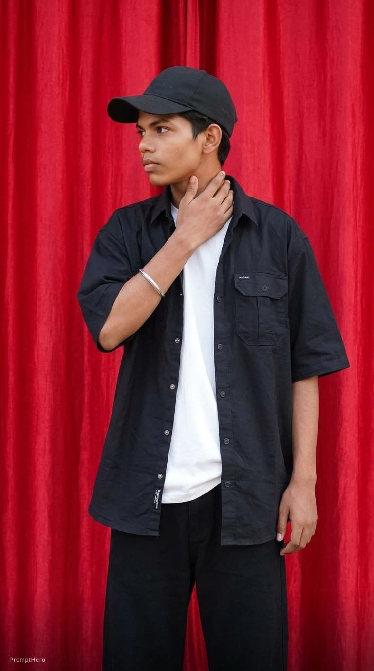 AI generated: capturing a casual yet stylish vibe, a figure in a loose, oversized black street wearing and wide-le...
