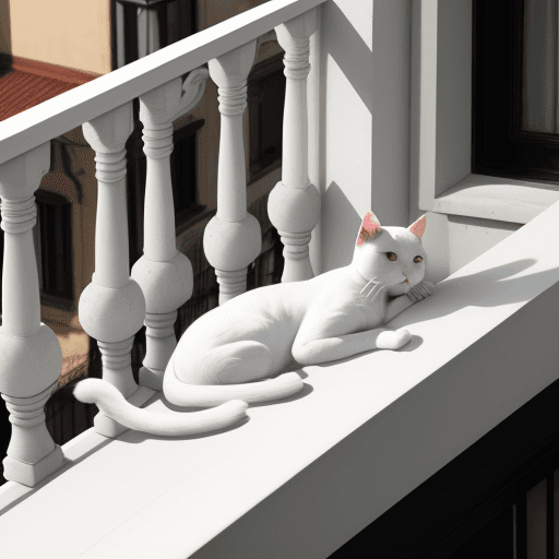 AI generated: A white cat with black eyes lying down on the balcony