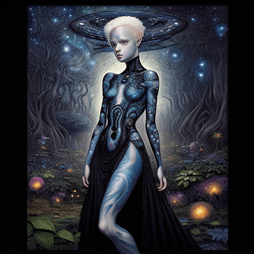 AI generated: In the style Gerald Brom, inpunk paint ,Beautiful Albino girl, Starry Night, Black dress, Full body ...