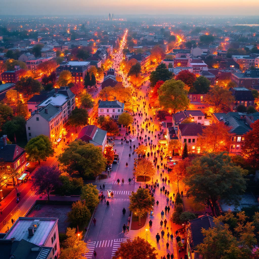 AI generated: A heat camera view of a thriving community — seen from above like a thermal map.  showing people, pa...