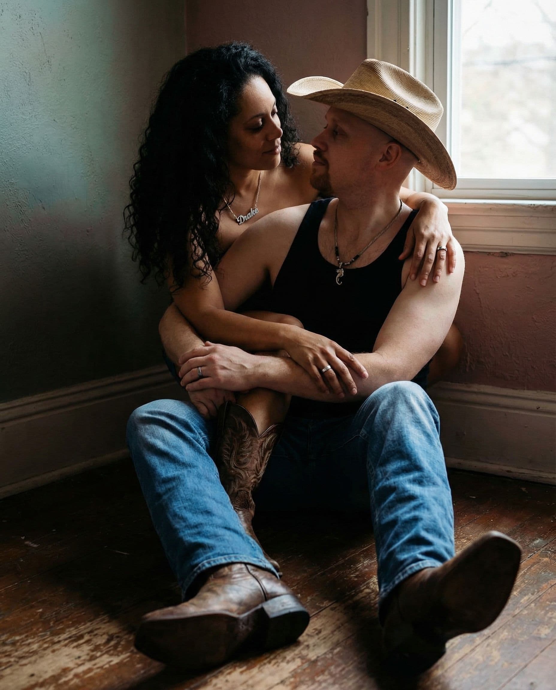 AI generated: Create an image of a couple in an intimate pose based on the reference image and detailed descriptio...