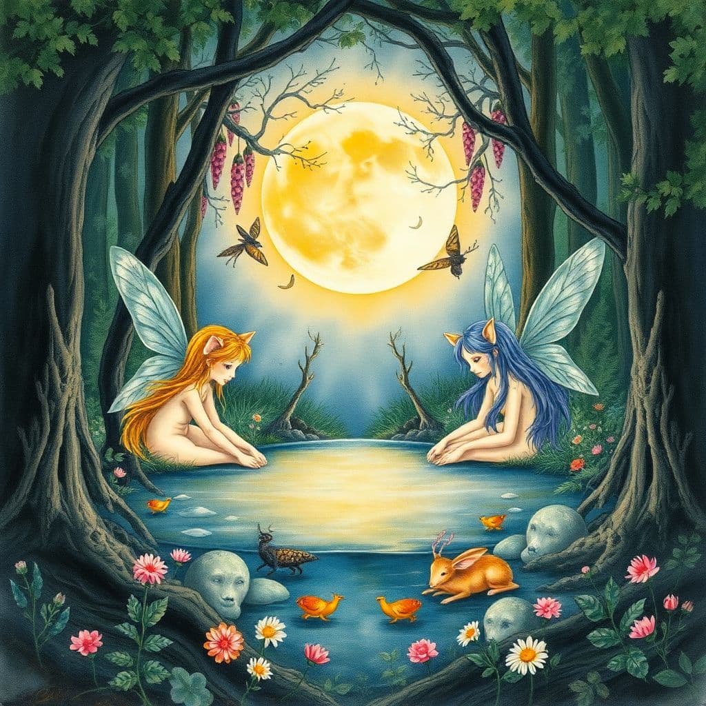 AI generated: a symmetrical watercolor as-above-so-below that features An ancient forest grows around a mystical p...