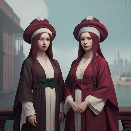 AI generated: a picture of two people, wearing cloth hats and robes, in the style of realistic animal portraits, u...
