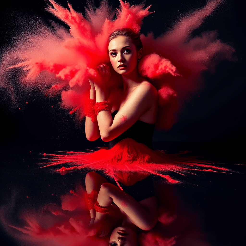 AI generated: Photograph of a beauty woman formed by red and white sand explosions in a dark room creating intrica...