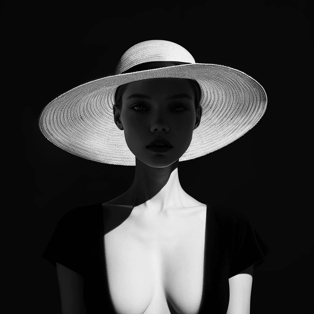 AI generated: a woman in a black dress is wearing a big hat to the right, in the style of clever use of negative s...