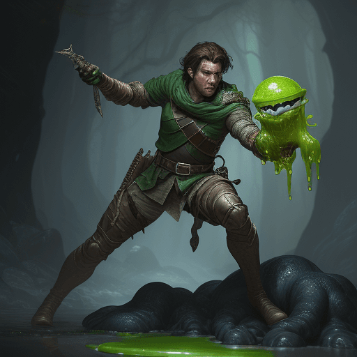 AI generated: "Fantasy one-armed male ranger engaged in intense combat with a slime-covered creature, high detail,...