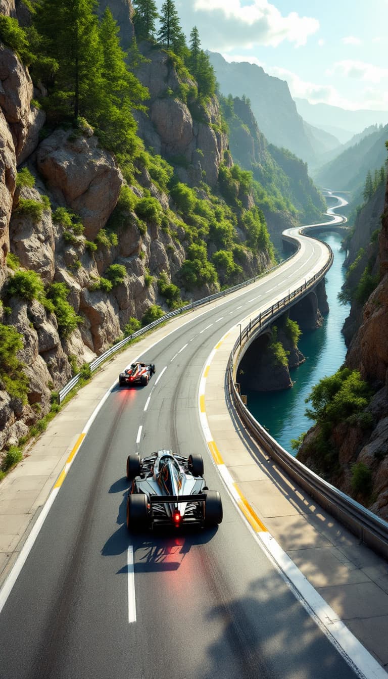 AI generated: Summer.  The front race car is racing along the race track. The route goes through flat terrain. the...