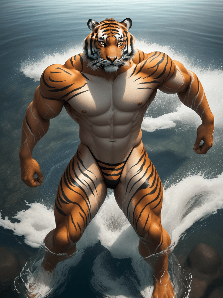 AI generated: ultra realistic photograph of (one stunning anthropomorphic ((muscular (male)) tiger)) in floss thon...
