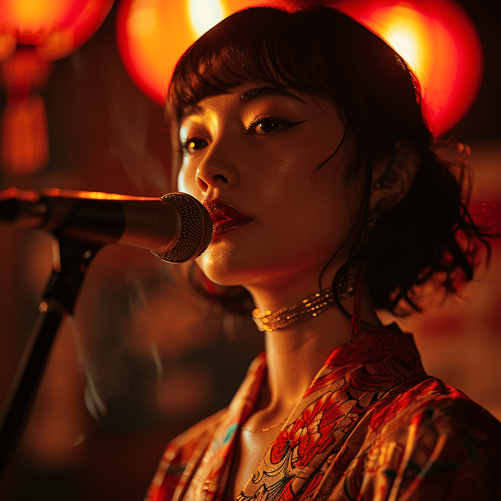 AI generated: lofi photography, cabaret singer in japan, spotlight, warm tones --s 300 --v 6.0