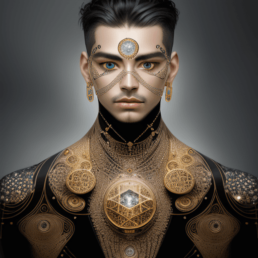AI generated: portrait of man inspired by gustav klimt, futuristic, front view, symetry, diamonds jewellery around...