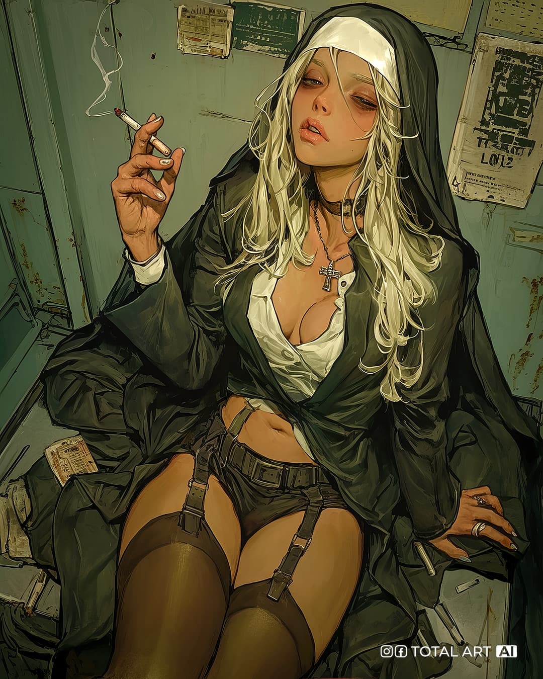 AI generated: Comic book cover illustration, full body shot of a white-haired nun, smoking, knees up, apathetic on...
