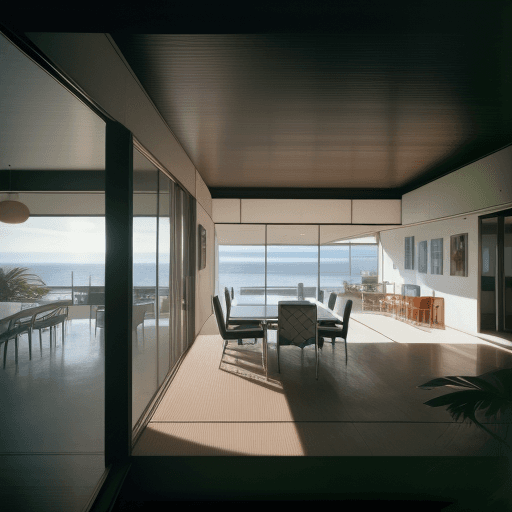 AI generated: Hyper realistic eye level exterior photo of a mid century modern style house overlooking the ocean, ...