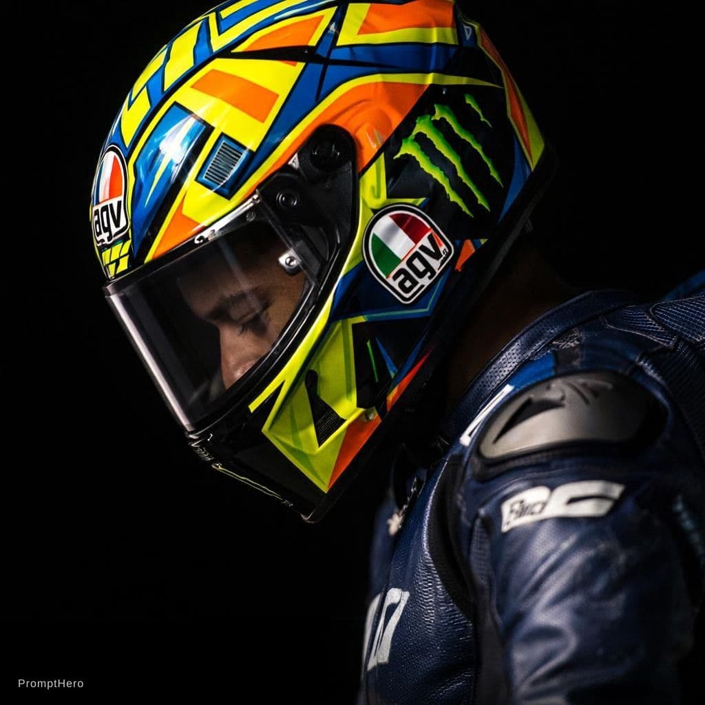 AI generated: A hyper-realistic close-up photograph of a professional motorcycle racer in profile, head bowed slig...