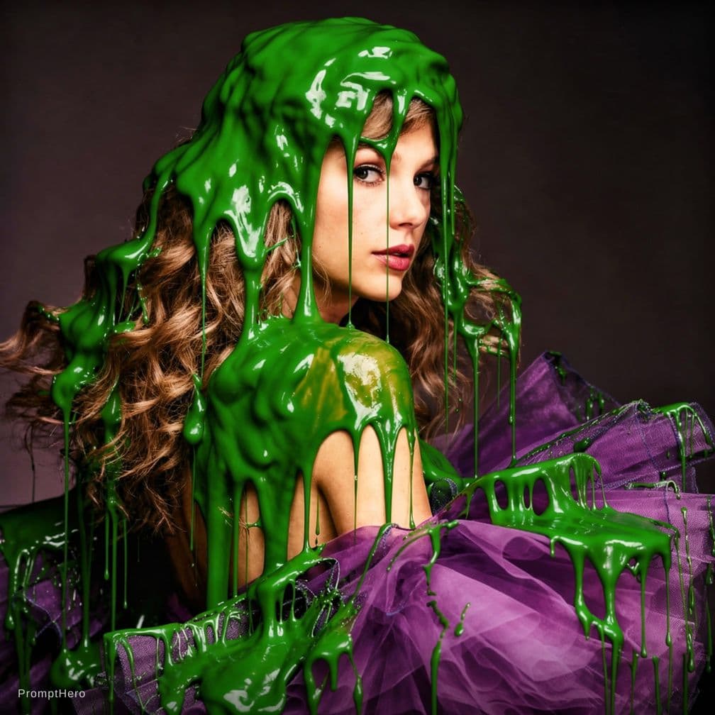 AI generated: Taylor swift covered in green, mucky slime