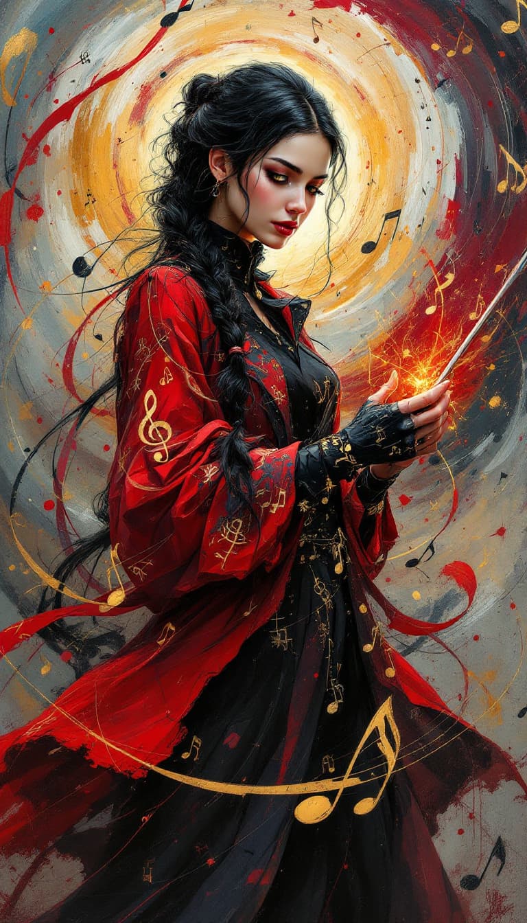 AI generated: "Crimson Conductor in a Musical Realm": A powerful abstract painting captures a conductor, displayin...