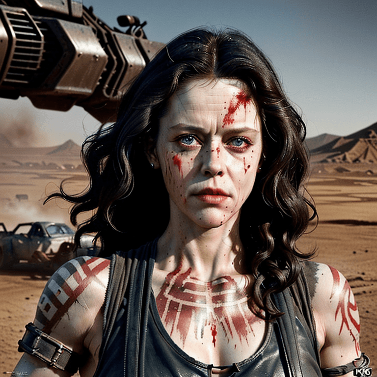 AI generated: portrait of beautiful slim Sigourney Weaver as a mad max post apocalyptic female warrior, strong, mu...