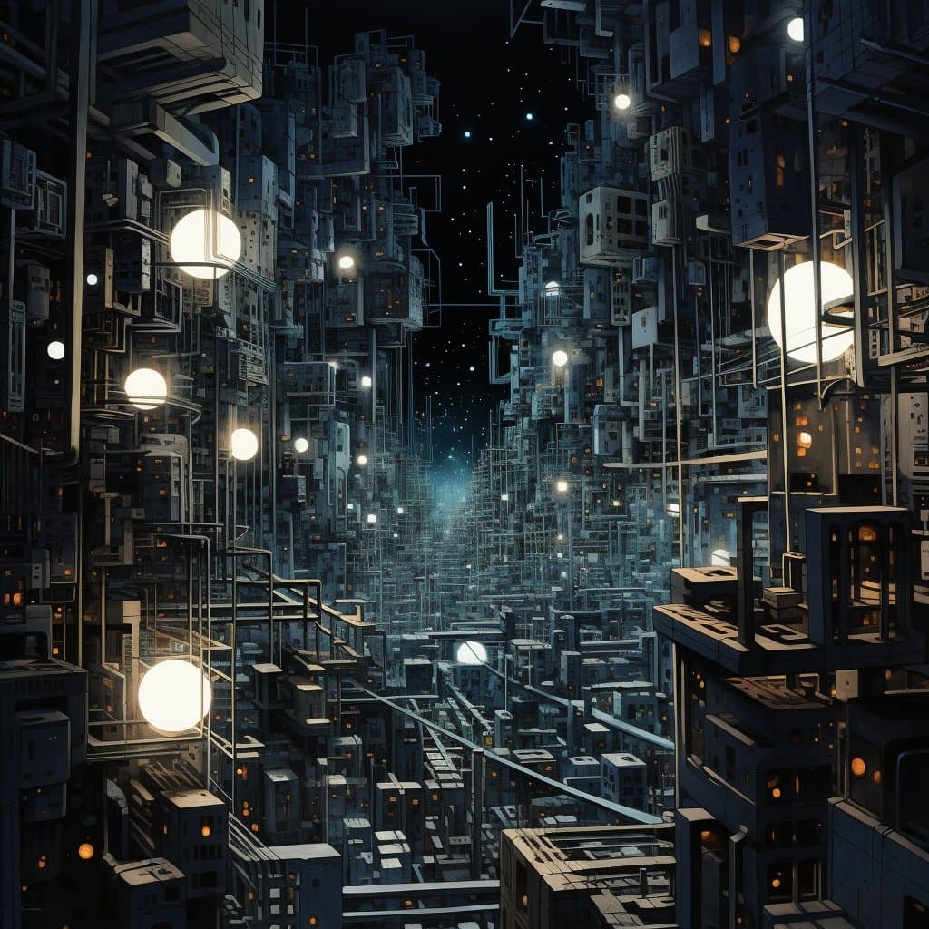 AI generated: Cityscape of Void grids A Nocturnal Metropolis Twisting Inward