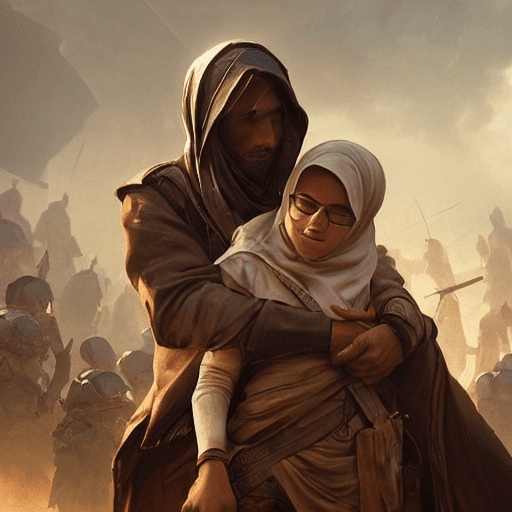 AI generated: portrait of male epic armored war commander hugging female kids with hijab. highly detailed, digital...