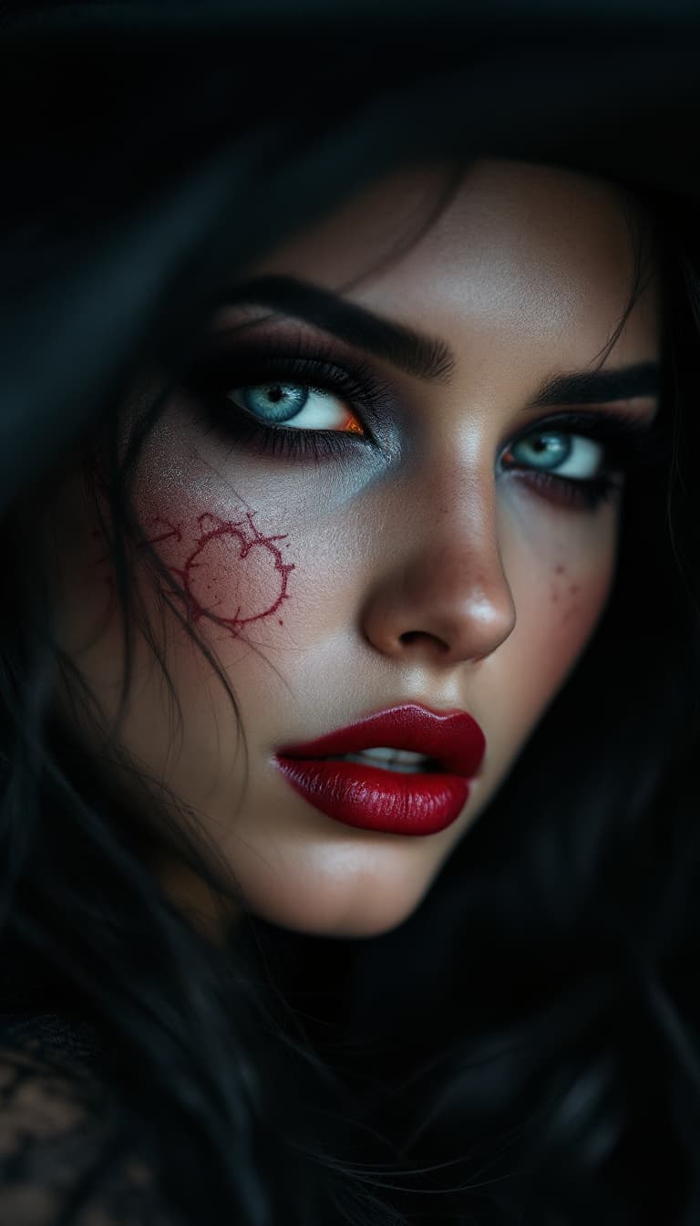AI generated: Crie um retrato fotorrealista de uma mulher com maquiagem escura e arte de maquiagem, ambientado em ...