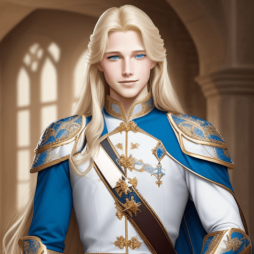AI generated: generates a prince charming, blond with blue eyes and long hair, tall and muscular, chivalrous with ...