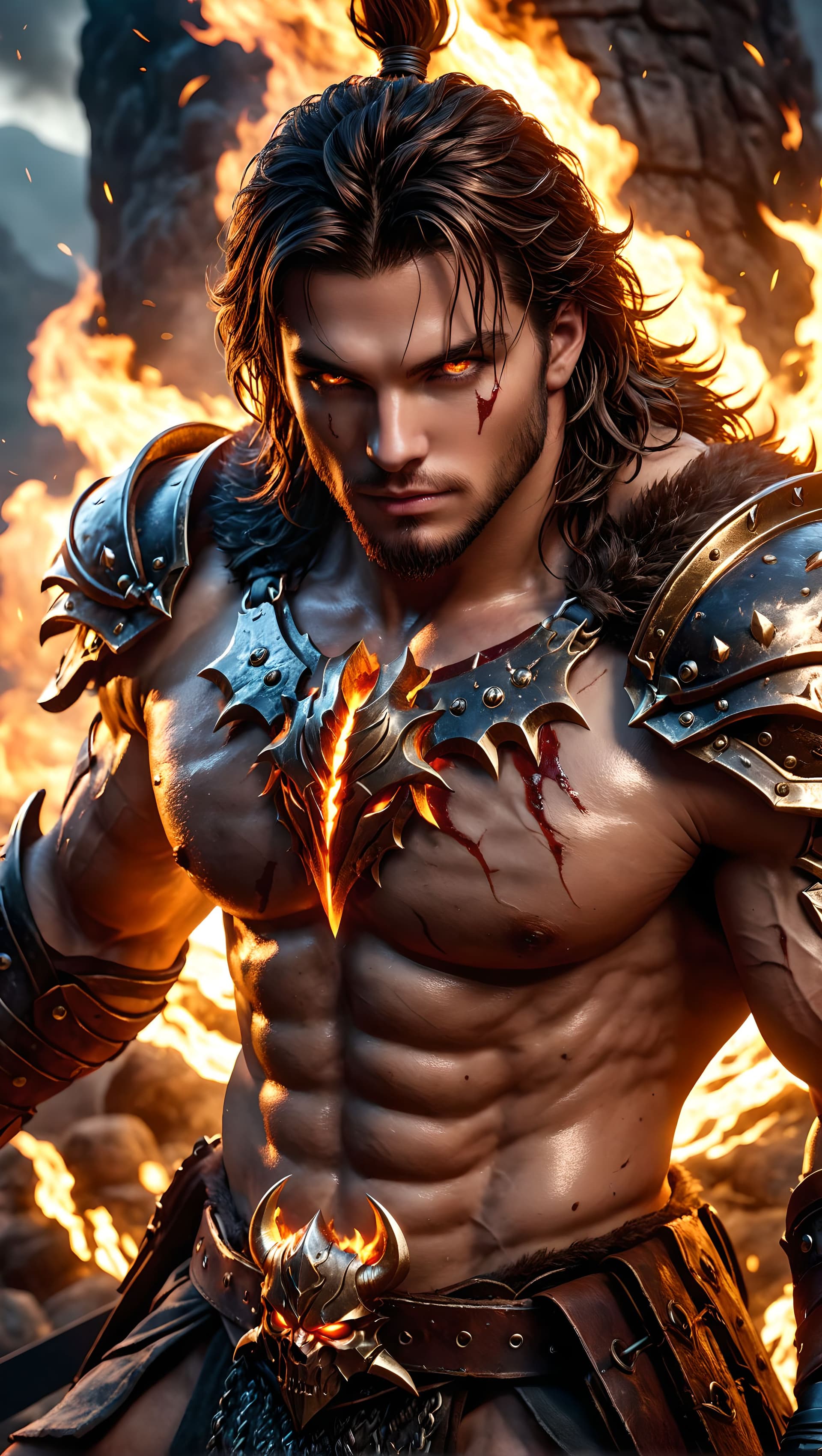 AI generated: A towering berserker, gripping twin axes, his battle-scarred armor reflecting the fiery glow of the ...
