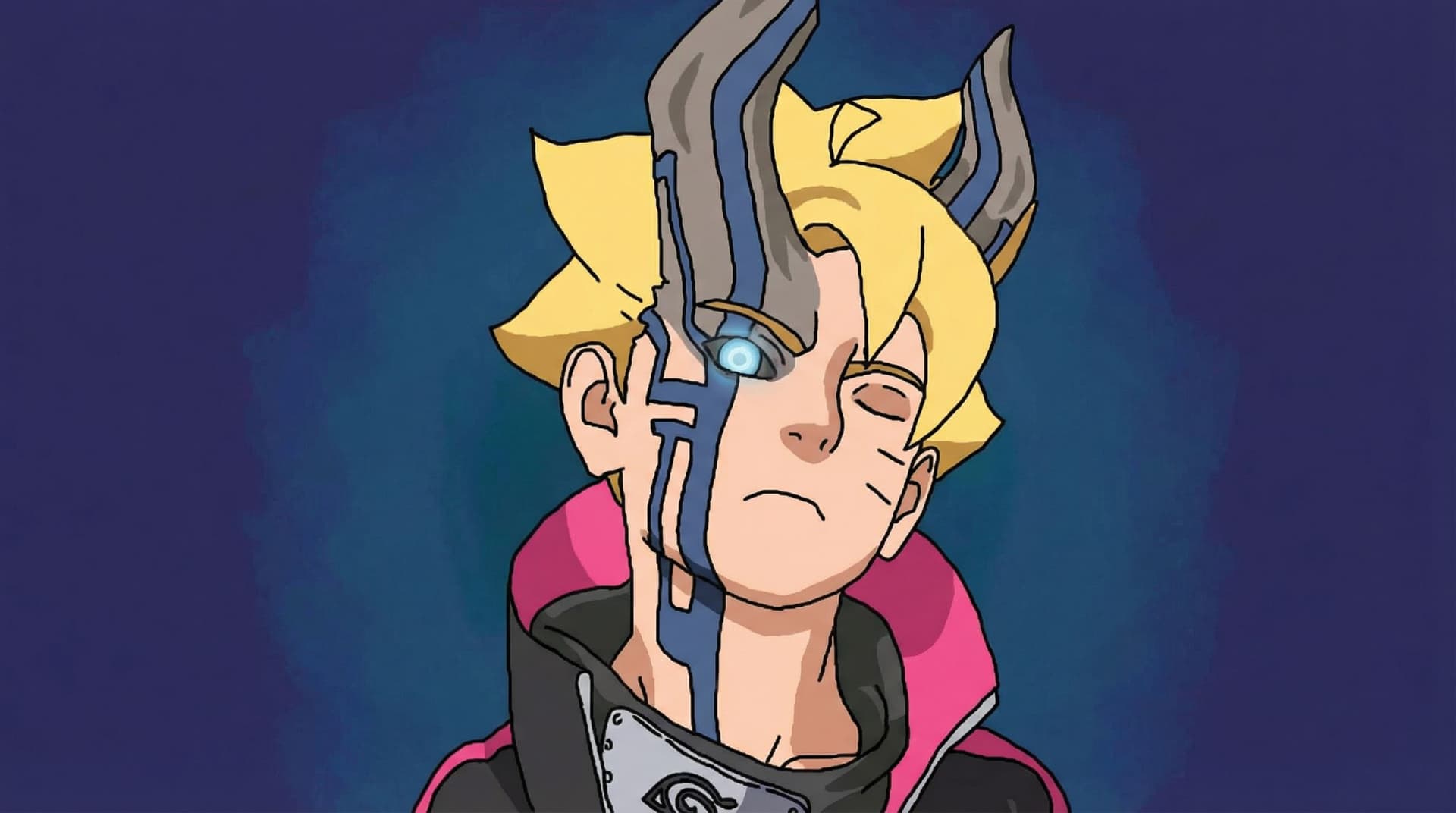 AI generated: boruto, 1boy, boruto, right two horns, face right line blue, anime