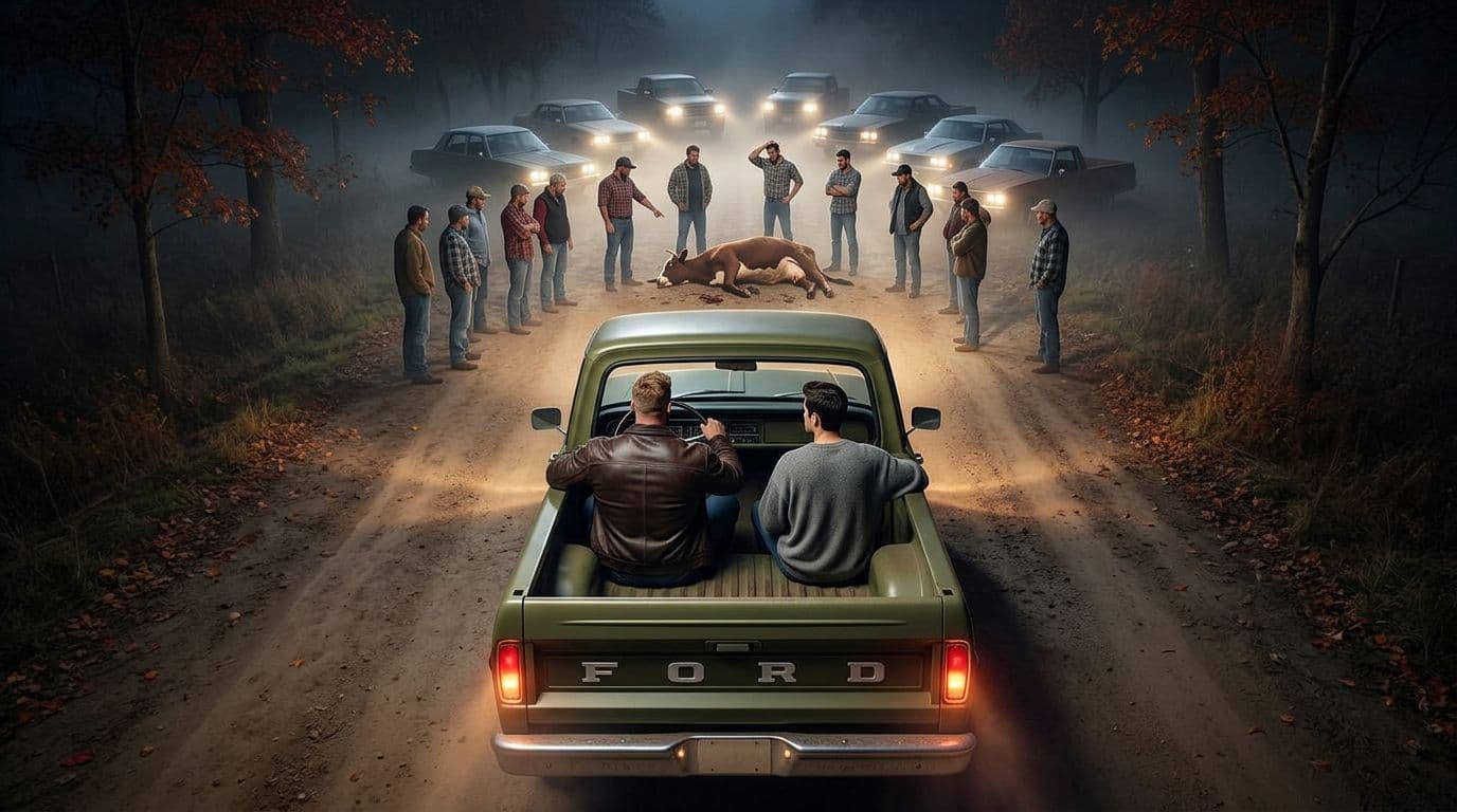 AI generated: In an Autumn night. the male muscular model is driving a vintage olive green Ford pick up truck. The...