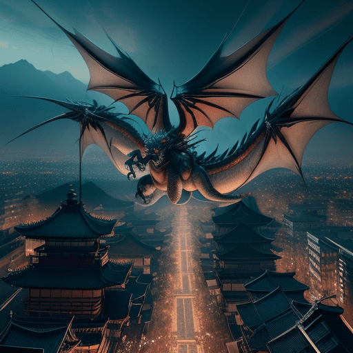 AI generated: Kyoto Animation stylized anime mixed with tradition Chinese artworks~ A dragon flying at modern cybe...