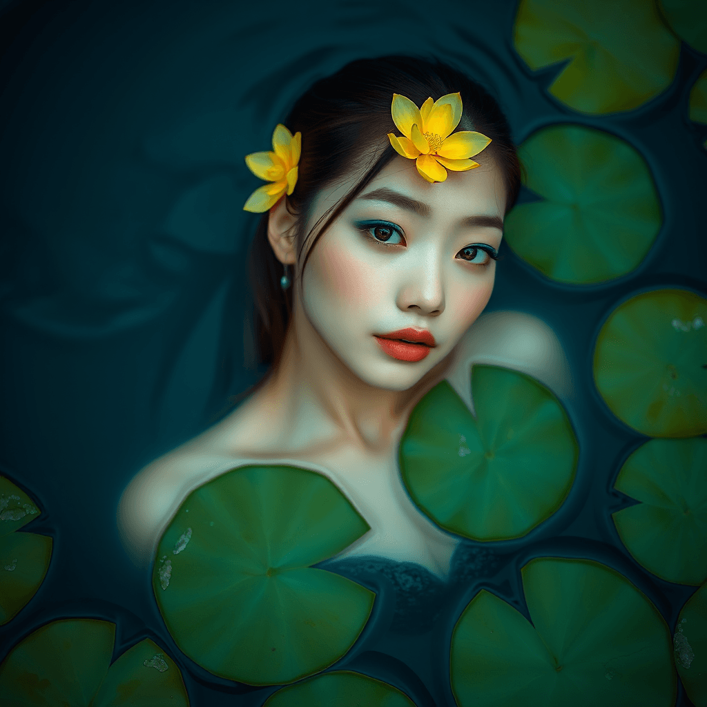 AI generated: This is a highly detailed, digital photograph featuring an East Asian woman submerged in a deep blue...