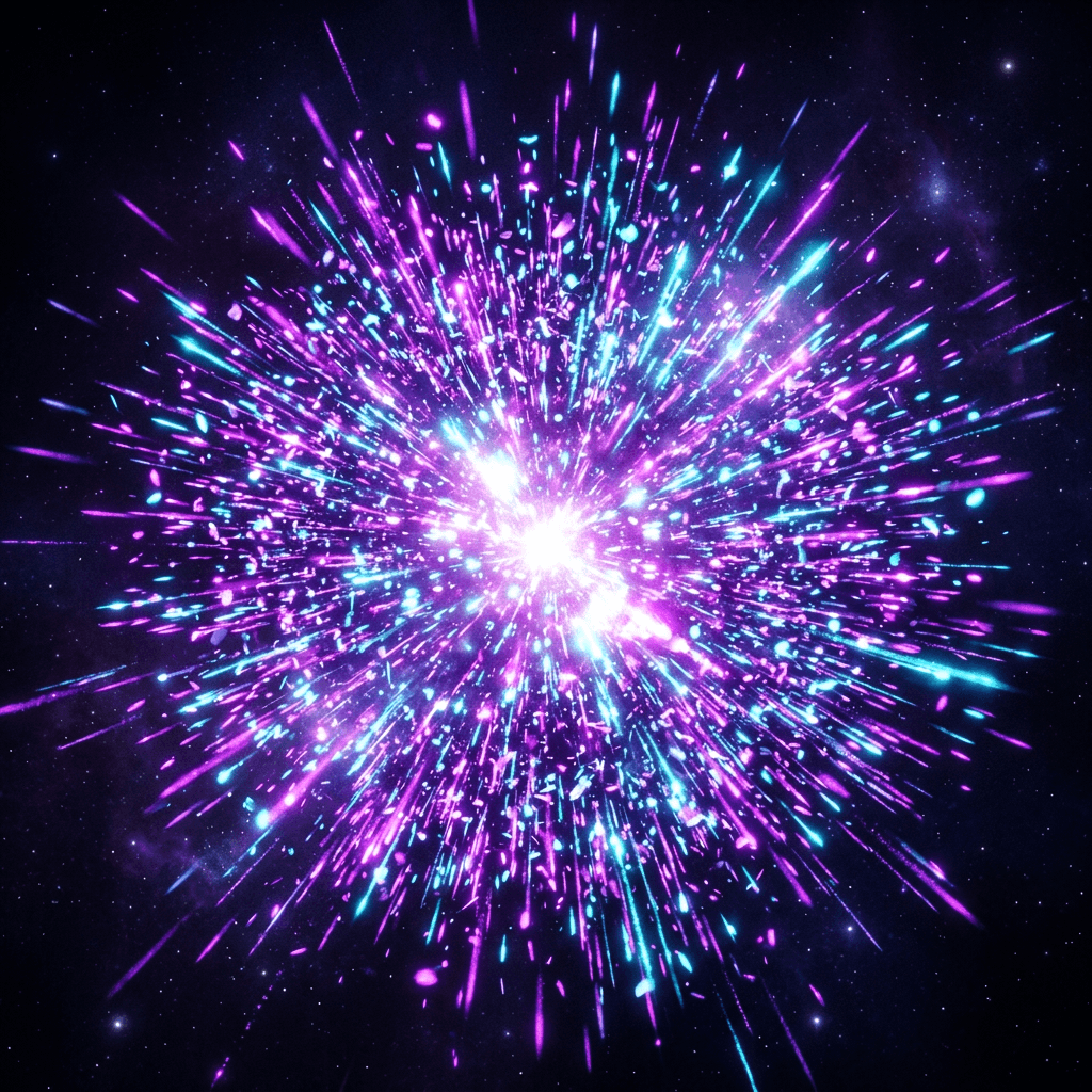 AI generated: Burst radiale di particelle viola/cyan dal centro