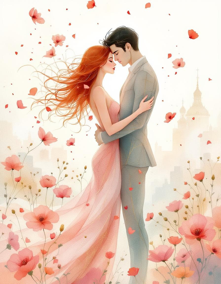 AI generated: Abstract ethereal lovers embracing, one man and one woman, their translucent forms merging into one ...