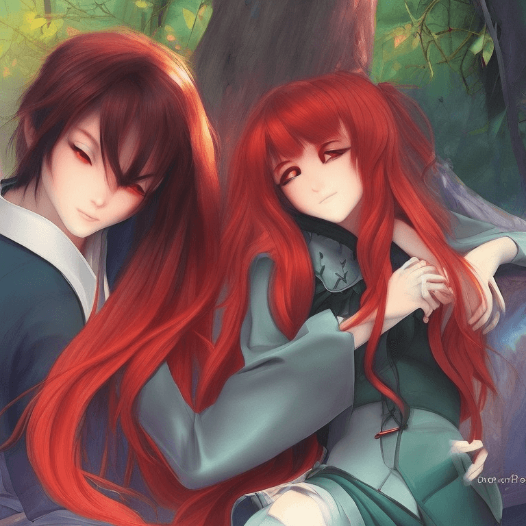AI generated: a close up of a boy and a girl sitting together and hugging in a forest. girl has long flowing red h...